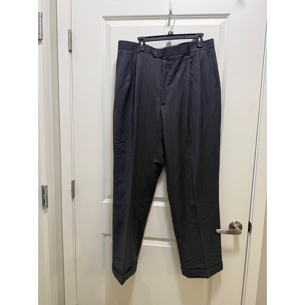 Martino Uomo Moda Mens 36L Charcoal Gray 100% Wool Double Pleated Cuffed Pants